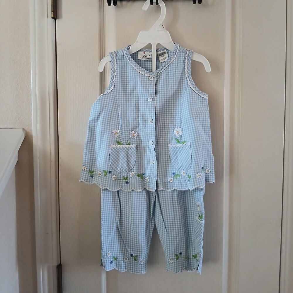 Y2K Vintage Jenni Blue Gingham Floral Embroidered 100% Cotton Top Capri Pants 3T